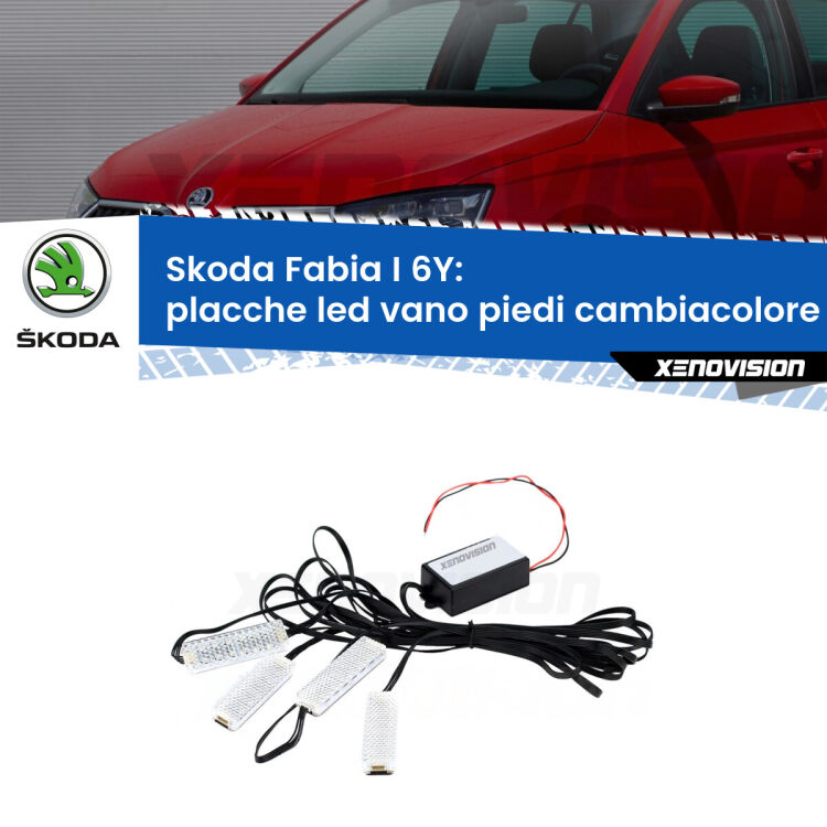 <strong>Kit placche LED cambiacolore vano piedi Skoda Fabia I</strong> 6Y 1999 - 2006. 4 placche <strong>Bluetooth</strong> con app Android /iOS.