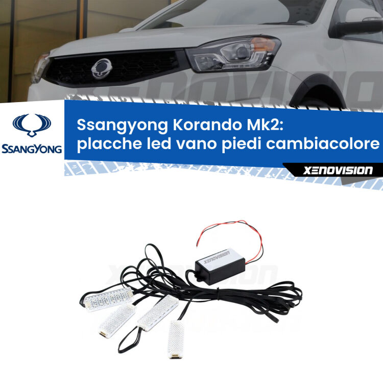 <strong>Kit placche LED cambiacolore vano piedi Ssangyong Korando</strong> Mk2 1996 - 2006. 4 placche <strong>Bluetooth</strong> con app Android /iOS.