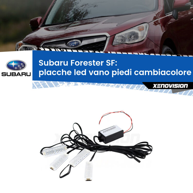 <strong>Kit placche LED cambiacolore vano piedi Subaru Forester</strong> SF 1997 - 2002. 4 placche <strong>Bluetooth</strong> con app Android /iOS.