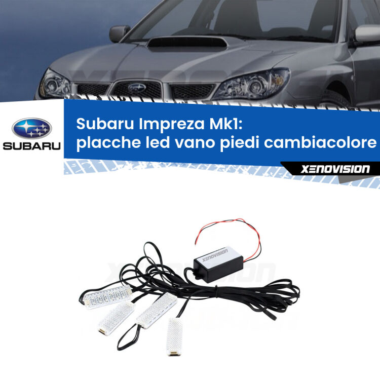 <strong>Kit placche LED cambiacolore vano piedi Subaru Impreza</strong> Mk1 1992 - 2000. 4 placche <strong>Bluetooth</strong> con app Android /iOS.