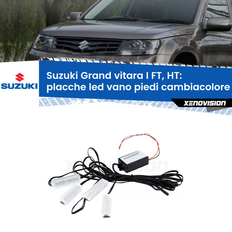 <strong>Kit placche LED cambiacolore vano piedi Suzuki Grand vitara I</strong> FT, HT 1998 - 2006. 4 placche <strong>Bluetooth</strong> con app Android /iOS.