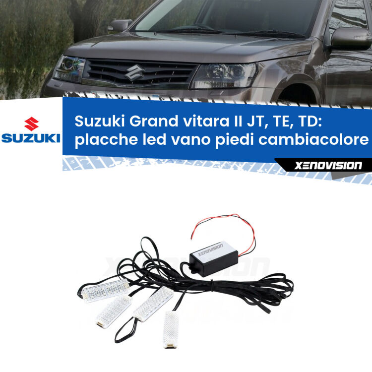 <strong>Kit placche LED cambiacolore vano piedi Suzuki Grand vitara II</strong> JT, TE, TD 2005 - 2015. 4 placche <strong>Bluetooth</strong> con app Android /iOS.