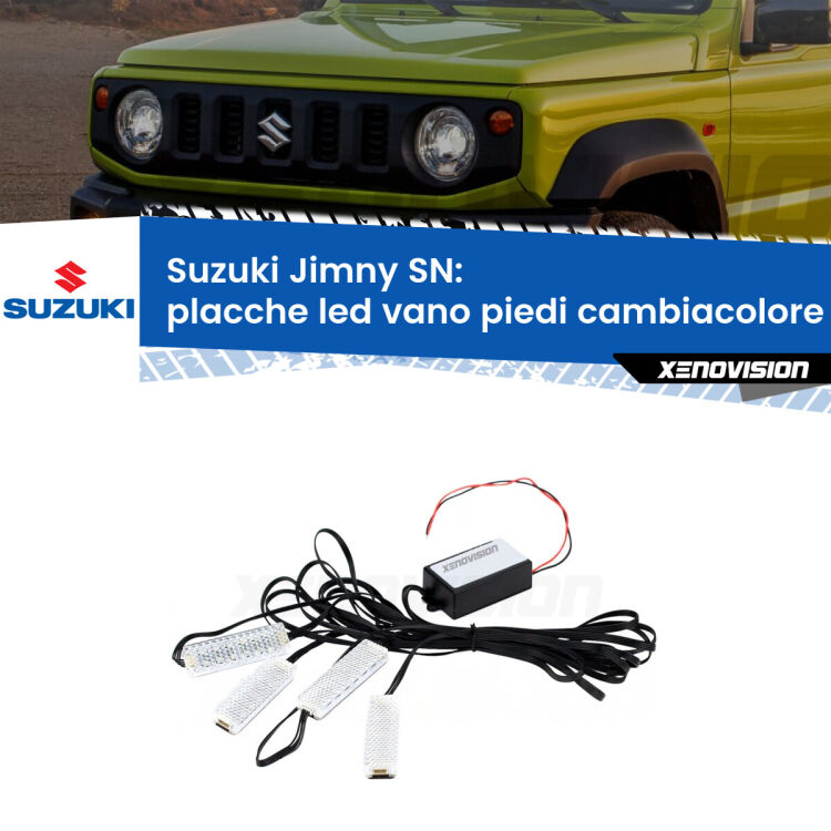 <strong>Kit placche LED cambiacolore vano piedi Suzuki Jimny</strong> SN 1998 in poi. 4 placche <strong>Bluetooth</strong> con app Android /iOS.