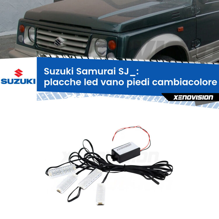 <strong>Kit placche LED cambiacolore vano piedi Suzuki Samurai</strong> SJ_ 1988 - 2004. 4 placche <strong>Bluetooth</strong> con app Android /iOS.