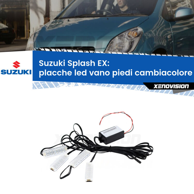 <strong>Kit placche LED cambiacolore vano piedi Suzuki Splash</strong> EX 2008 in poi. 4 placche <strong>Bluetooth</strong> con app Android /iOS.