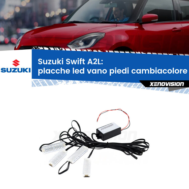 <strong>Kit placche LED cambiacolore vano piedi Suzuki Swift</strong> A2L 2017 in poi. 4 placche <strong>Bluetooth</strong> con app Android /iOS.