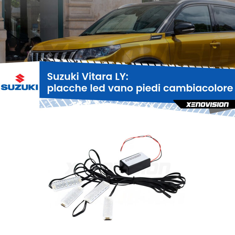 <strong>Kit placche LED cambiacolore vano piedi Suzuki Vitara</strong> LY 2015 in poi. 4 placche <strong>Bluetooth</strong> con app Android /iOS.