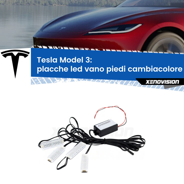 <strong>Kit placche LED cambiacolore vano piedi Tesla Model 3</strong>  2017 in poi. 4 placche <strong>Bluetooth</strong> con app Android /iOS.