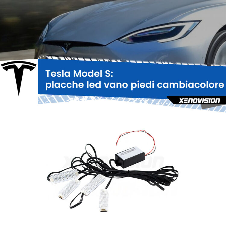 <strong>Kit placche LED cambiacolore vano piedi Tesla Model S</strong>  2012 - 2021. 4 placche <strong>Bluetooth</strong> con app Android /iOS.