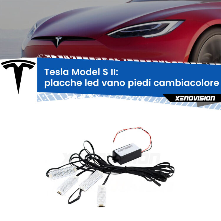 <strong>Kit placche LED cambiacolore vano piedi Tesla Model S</strong> II 2021 in poi. 4 placche <strong>Bluetooth</strong> con app Android /iOS.