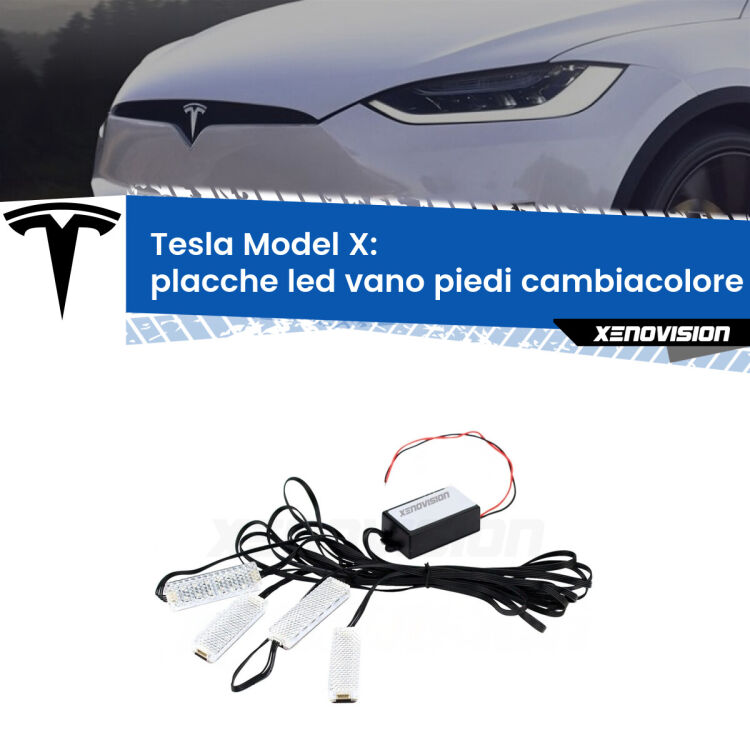 <strong>Kit placche LED cambiacolore vano piedi Tesla Model X</strong>  2015 - 2022. 4 placche <strong>Bluetooth</strong> con app Android /iOS.