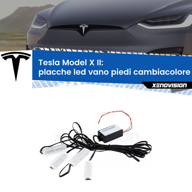 <strong>Kit placche LED cambiacolore vano piedi Tesla Model X</strong> II 2022 in poi. 4 placche <strong>Bluetooth</strong> con app Android /iOS.