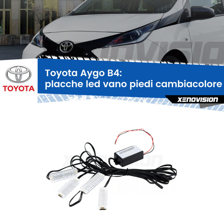 <strong>Kit placche LED cambiacolore vano piedi Toyota Aygo</strong> B4 2014 in poi. 4 placche <strong>Bluetooth</strong> con app Android /iOS.