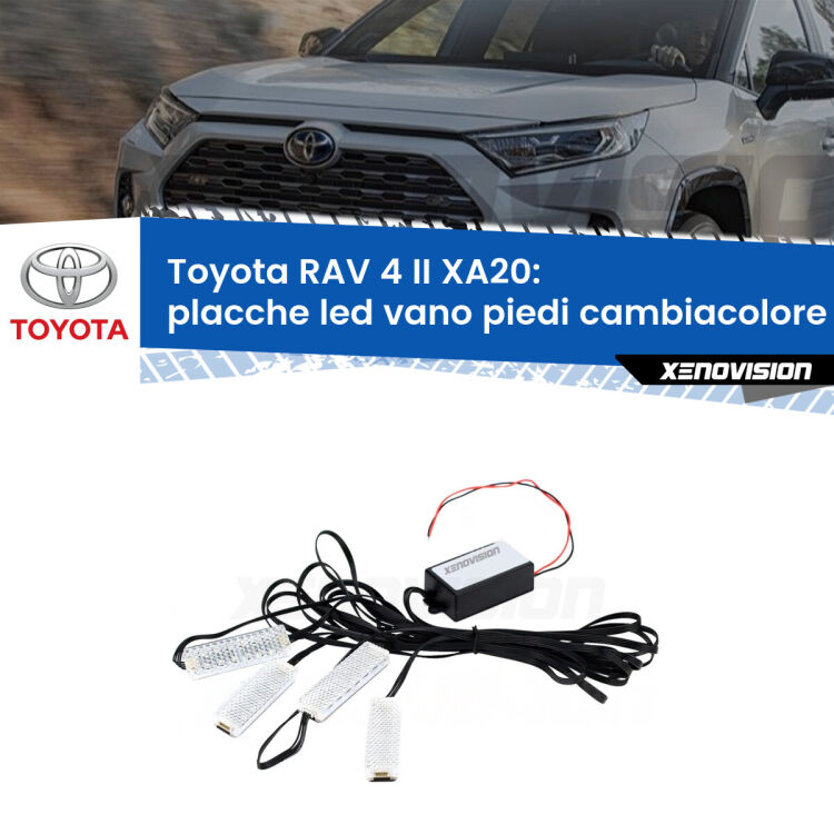 <strong>Kit placche LED cambiacolore vano piedi Toyota RAV 4 II</strong> XA20 2000 - 2005. 4 placche <strong>Bluetooth</strong> con app Android /iOS.