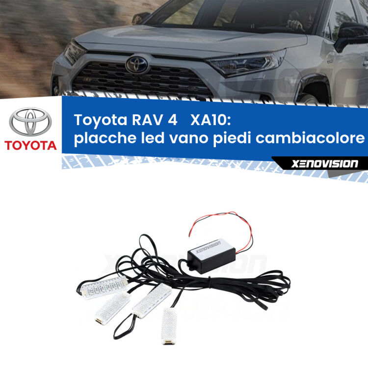 <strong>Kit placche LED cambiacolore vano piedi Toyota RAV 4  </strong> XA10 1994 - 2000. 4 placche <strong>Bluetooth</strong> con app Android /iOS.