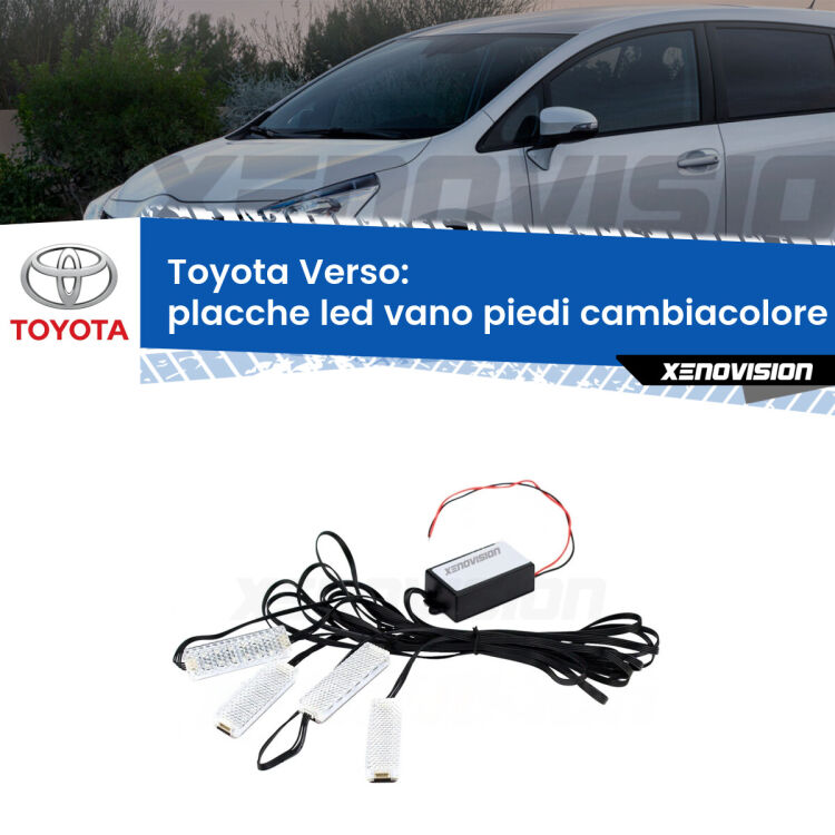 <strong>Kit placche LED cambiacolore vano piedi Toyota Verso</strong>  2009 - 2018. 4 placche <strong>Bluetooth</strong> con app Android /iOS.