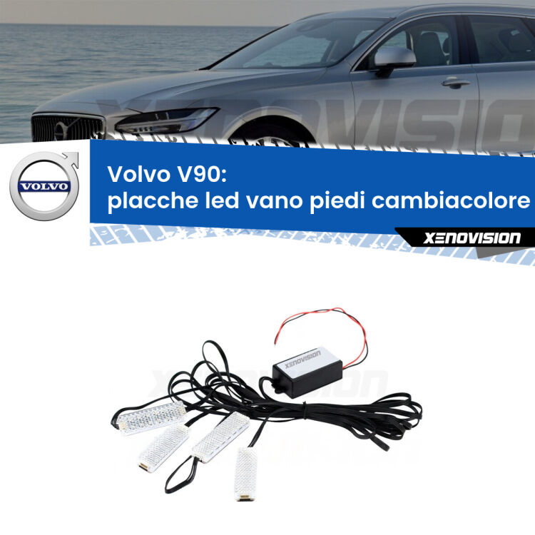 <strong>Kit placche LED cambiacolore vano piedi Volvo V90</strong>  2016 - 2018. 4 placche <strong>Bluetooth</strong> con app Android /iOS.