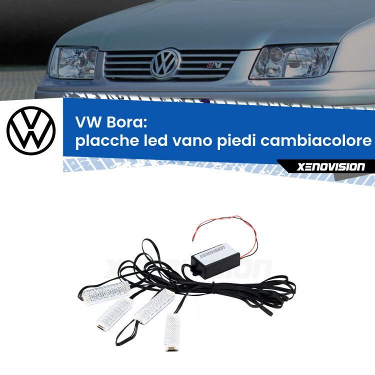 <strong>Kit placche LED cambiacolore vano piedi VW Bora</strong>  1999 - 2006. 4 placche <strong>Bluetooth</strong> con app Android /iOS.