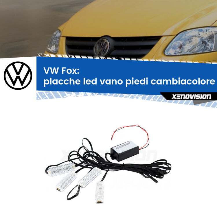 <strong>Kit placche LED cambiacolore vano piedi VW Fox</strong>  2003 - 2014. 4 placche <strong>Bluetooth</strong> con app Android /iOS.