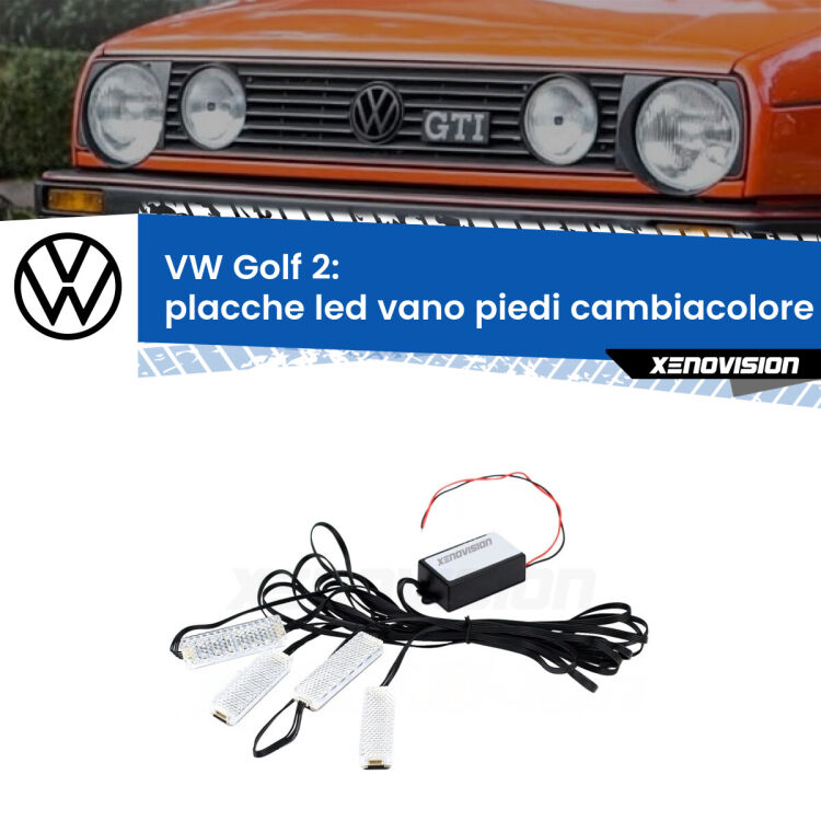 <strong>Kit placche LED cambiacolore vano piedi VW Golf 2</strong>  1983 - 1990. 4 placche <strong>Bluetooth</strong> con app Android /iOS.