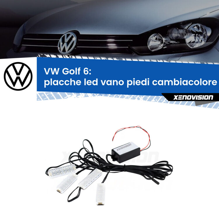 <strong>Kit placche LED cambiacolore vano piedi VW Golf 6</strong>  2008 - 2011. 4 placche <strong>Bluetooth</strong> con app Android /iOS.