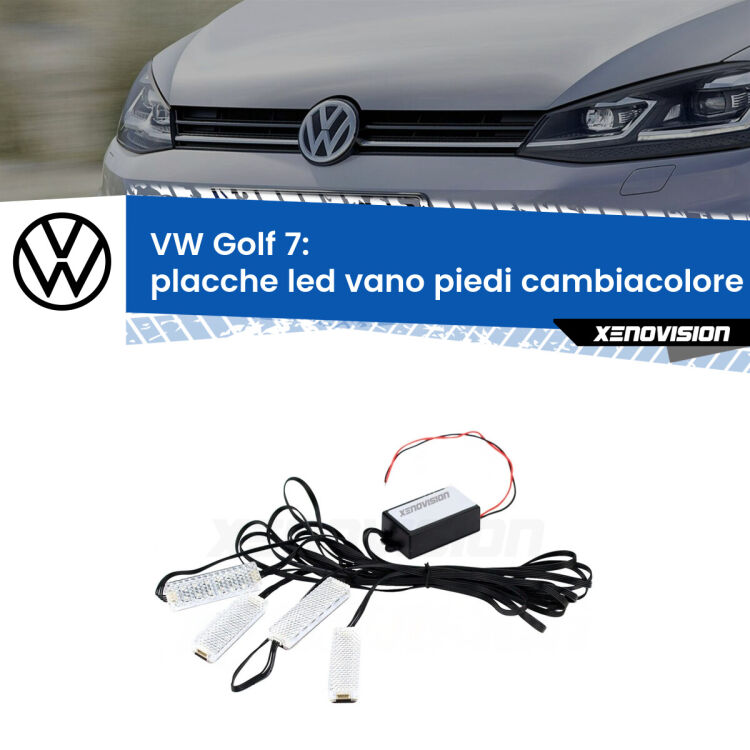 <strong>Kit placche LED cambiacolore vano piedi VW Golf 7</strong>  2012 - 2019. 4 placche <strong>Bluetooth</strong> con app Android /iOS.