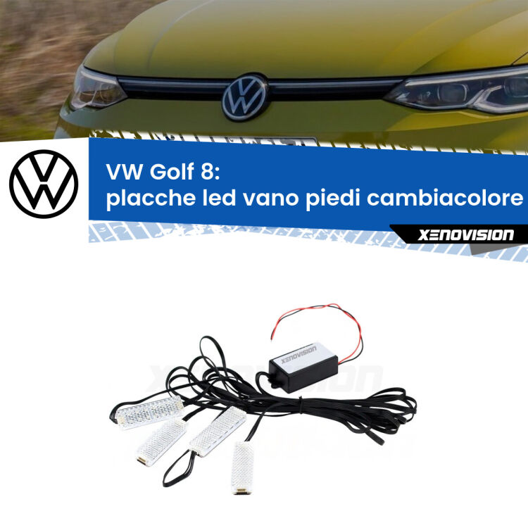 <strong>Kit placche LED cambiacolore vano piedi VW Golf 8</strong>  2019 in poi. 4 placche <strong>Bluetooth</strong> con app Android /iOS.