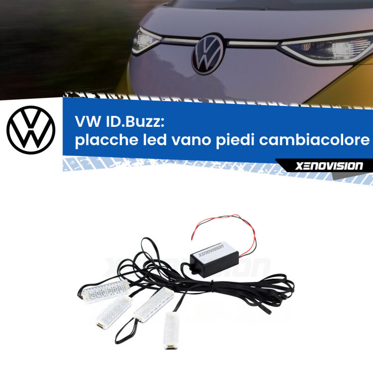 <strong>Kit placche LED cambiacolore vano piedi VW ID.Buzz</strong>  2022 in poi. 4 placche <strong>Bluetooth</strong> con app Android /iOS.