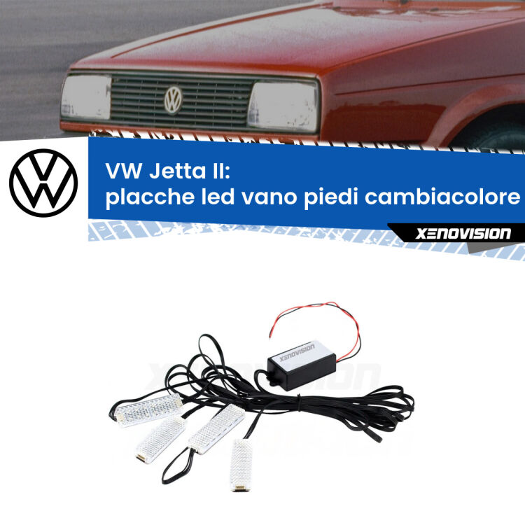 <strong>Kit placche LED cambiacolore vano piedi VW Jetta</strong> II 1984 - 1992. 4 placche <strong>Bluetooth</strong> con app Android /iOS.