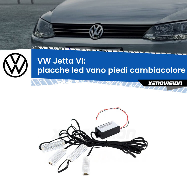 <strong>Kit placche LED cambiacolore vano piedi VW Jetta</strong> VI 2010 - 2018. 4 placche <strong>Bluetooth</strong> con app Android /iOS.