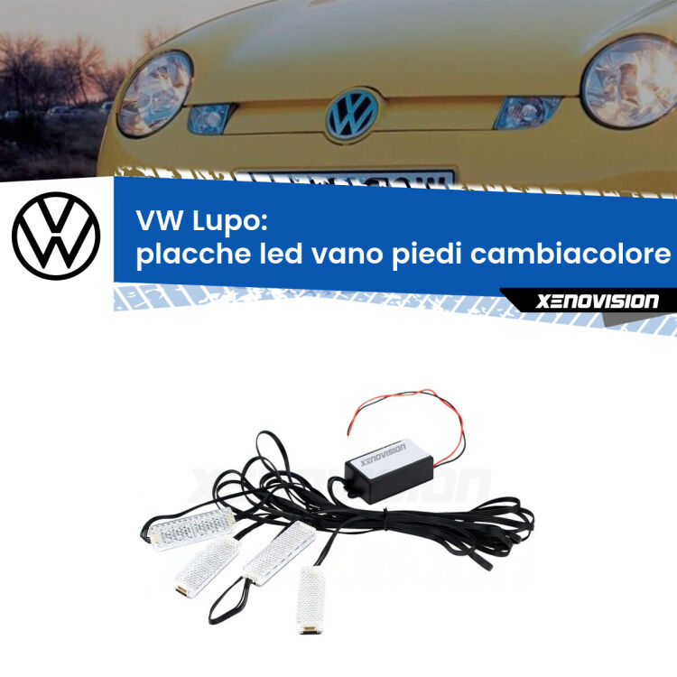 <strong>Kit placche LED cambiacolore vano piedi VW Lupo</strong>  1998 - 2005. 4 placche <strong>Bluetooth</strong> con app Android /iOS.