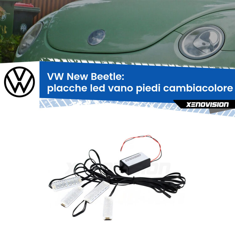 <strong>Kit placche LED cambiacolore vano piedi VW New Beetle</strong>  1998 - 2010. 4 placche <strong>Bluetooth</strong> con app Android /iOS.