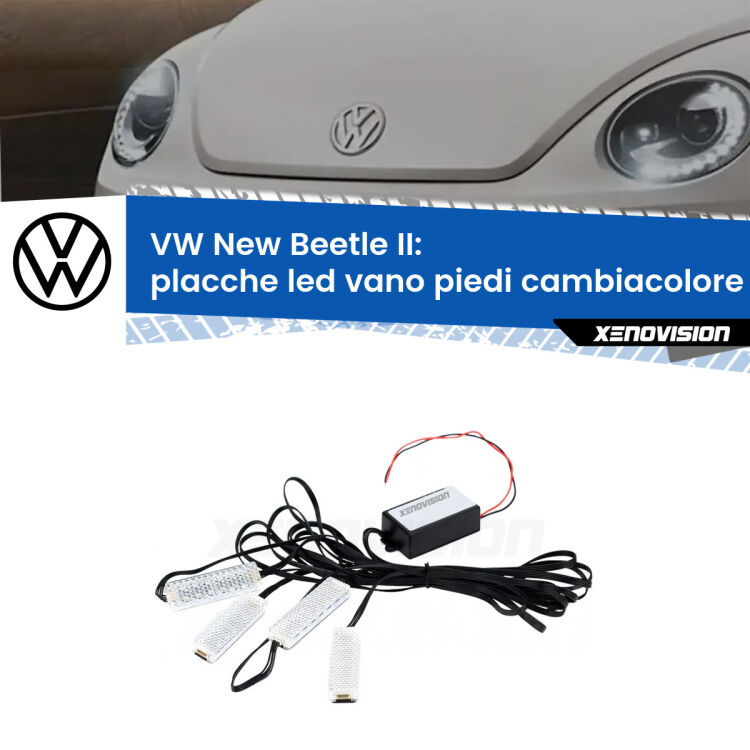 <strong>Kit placche LED cambiacolore vano piedi VW New Beetle</strong> II 2011 - 2019. 4 placche <strong>Bluetooth</strong> con app Android /iOS.