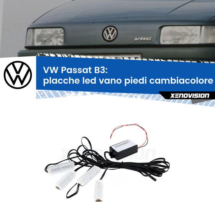 <strong>Kit placche LED cambiacolore vano piedi VW Passat</strong> B3 1988 - 1996. 4 placche <strong>Bluetooth</strong> con app Android /iOS.