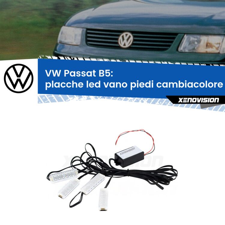 <strong>Kit placche LED cambiacolore vano piedi VW Passat</strong> B5 1996 - 2000. 4 placche <strong>Bluetooth</strong> con app Android /iOS.