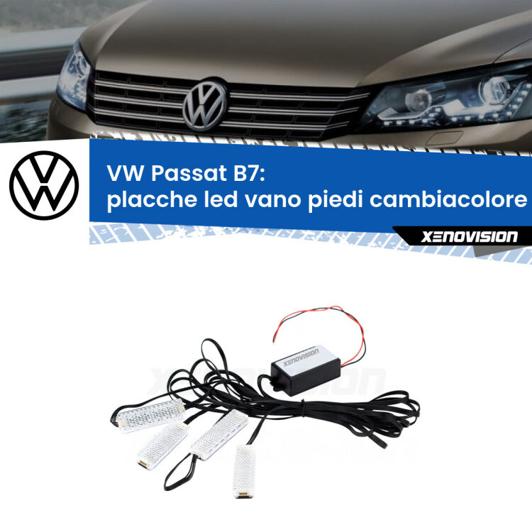 <strong>Kit placche LED cambiacolore vano piedi VW Passat</strong> B7 2010 - 2014. 4 placche <strong>Bluetooth</strong> con app Android /iOS.