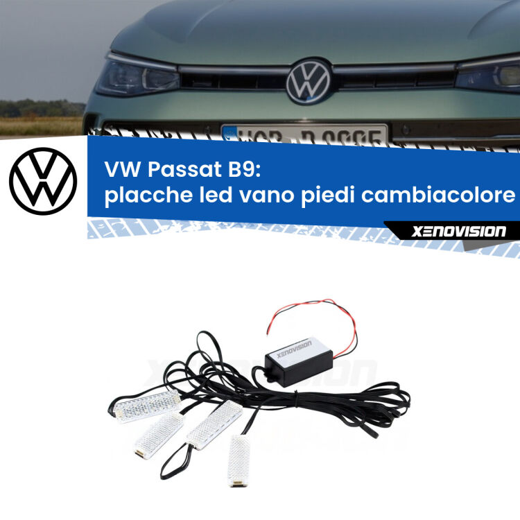 <strong>Kit placche LED cambiacolore vano piedi VW Passat</strong> B9 2023 in poi. 4 placche <strong>Bluetooth</strong> con app Android /iOS.