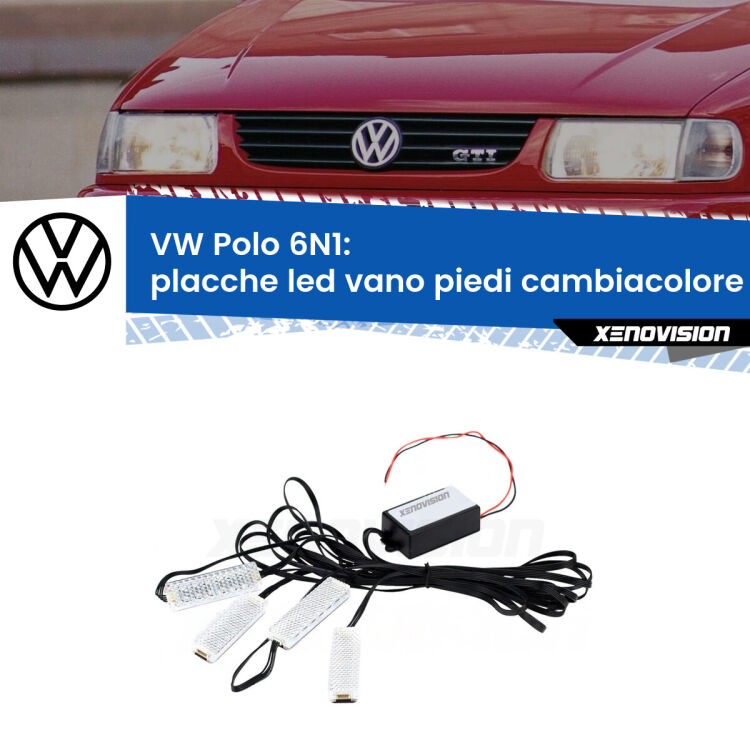 <strong>Kit placche LED cambiacolore vano piedi VW Polo</strong> 6N1 1994 - 1998. 4 placche <strong>Bluetooth</strong> con app Android /iOS.