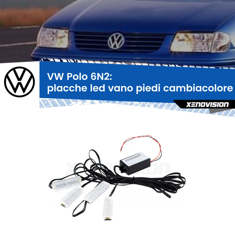 <strong>Kit placche LED cambiacolore vano piedi VW Polo</strong> 6N2 1999 - 2001. 4 placche <strong>Bluetooth</strong> con app Android /iOS.