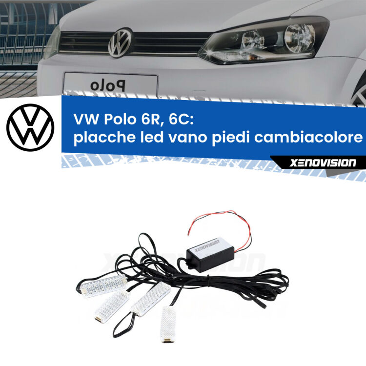 <strong>Kit placche LED cambiacolore vano piedi VW Polo</strong> 6R, 6C 2009 - 2017. 4 placche <strong>Bluetooth</strong> con app Android /iOS.