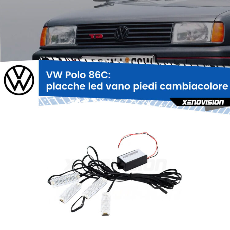 <strong>Kit placche LED cambiacolore vano piedi VW Polo</strong> 86C 1981 - 1993. 4 placche <strong>Bluetooth</strong> con app Android /iOS.