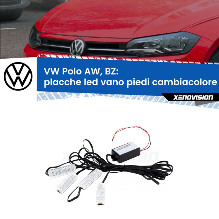 <strong>Kit placche LED cambiacolore vano piedi VW Polo</strong> AW, BZ 2017 in poi. 4 placche <strong>Bluetooth</strong> con app Android /iOS.