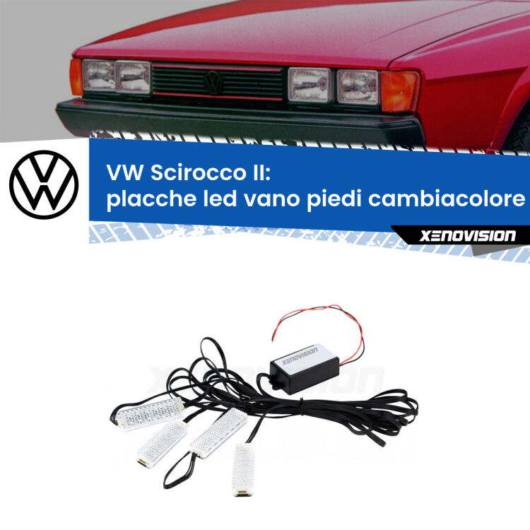 <strong>Kit placche LED cambiacolore vano piedi VW Scirocco</strong> II 1980 - 1992. 4 placche <strong>Bluetooth</strong> con app Android /iOS.