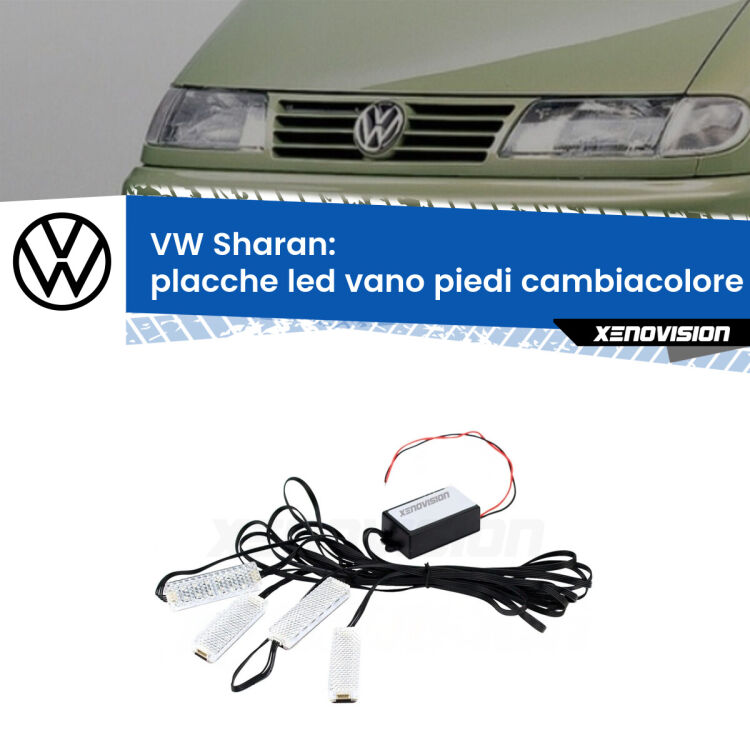 <strong>Kit placche LED cambiacolore vano piedi VW Sharan</strong>  1995 - 2010. 4 placche <strong>Bluetooth</strong> con app Android /iOS.