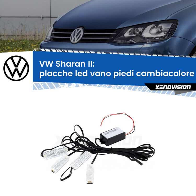 <strong>Kit placche LED cambiacolore vano piedi VW Sharan</strong> II 2010 - 2022. 4 placche <strong>Bluetooth</strong> con app Android /iOS.