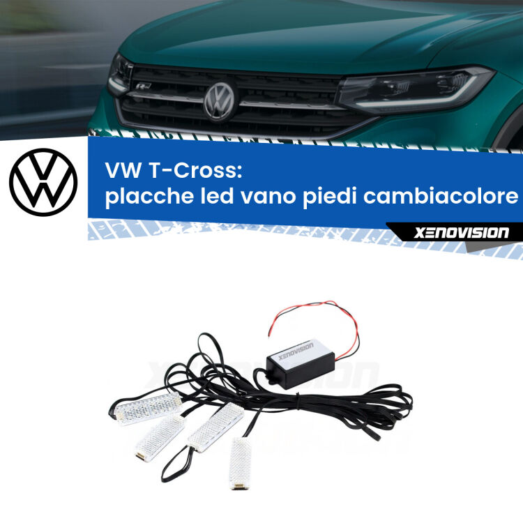 <strong>Kit placche LED cambiacolore vano piedi VW T-Cross</strong>  2018 in poi. 4 placche <strong>Bluetooth</strong> con app Android /iOS.