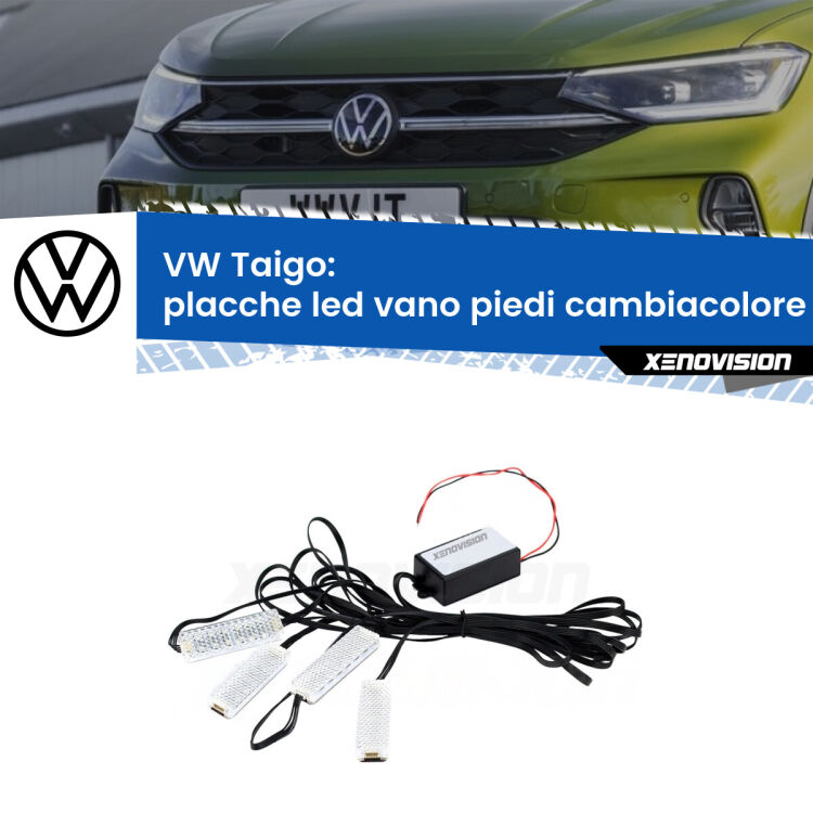 <strong>Kit placche LED cambiacolore vano piedi VW Taigo</strong>  2021 in poi. 4 placche <strong>Bluetooth</strong> con app Android /iOS.