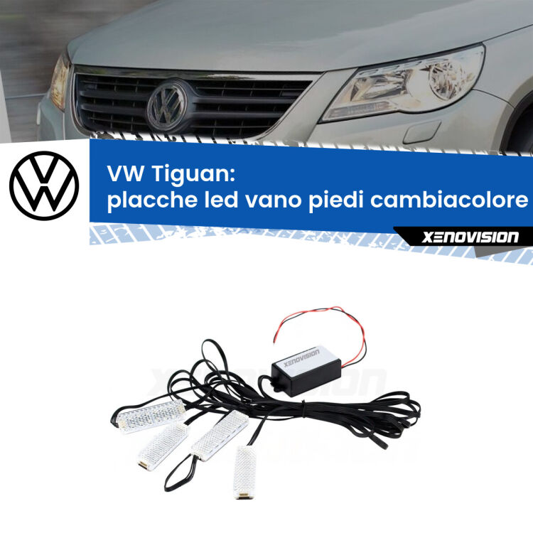 <strong>Kit placche LED cambiacolore vano piedi VW Tiguan</strong>  2007 - 2016. 4 placche <strong>Bluetooth</strong> con app Android /iOS.