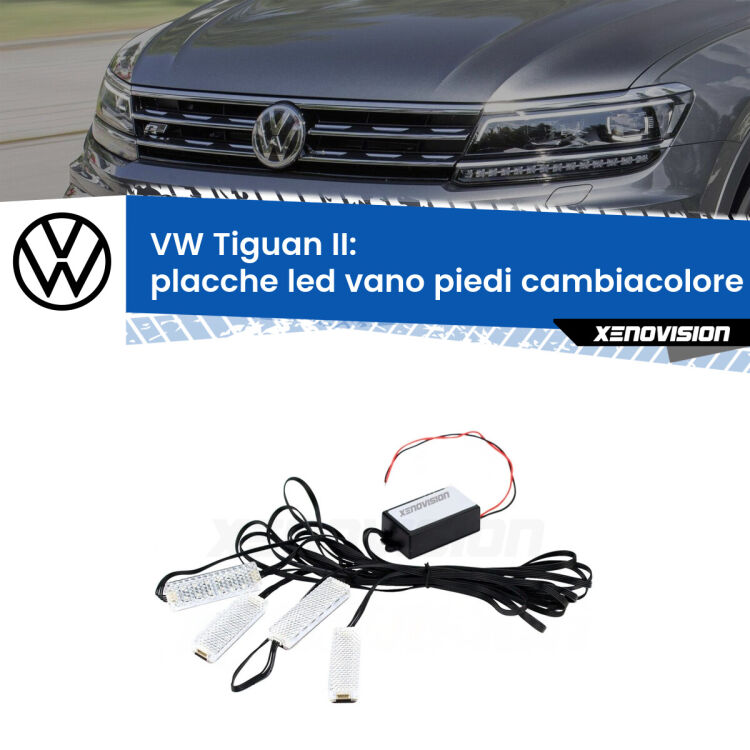 <strong>Kit placche LED cambiacolore vano piedi VW Tiguan</strong> II 2016 in poi. 4 placche <strong>Bluetooth</strong> con app Android /iOS.