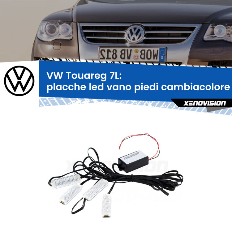 <strong>Kit placche LED cambiacolore vano piedi VW Touareg</strong> 7L 2002 - 2010. 4 placche <strong>Bluetooth</strong> con app Android /iOS.